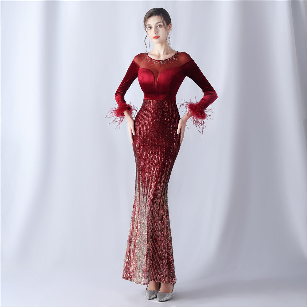 Gradient Bead Drilling Velvet High End Evening Dress by Ragazza
