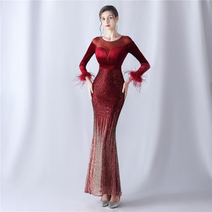 Gradient Bead Drilling Velvet High End Evening Dress by Ragazza