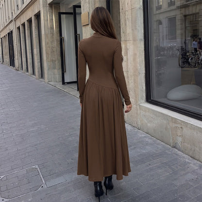 Casual Laid Back Solid Color Half Collar Stitching Long Sleeve Dress  DestGlow