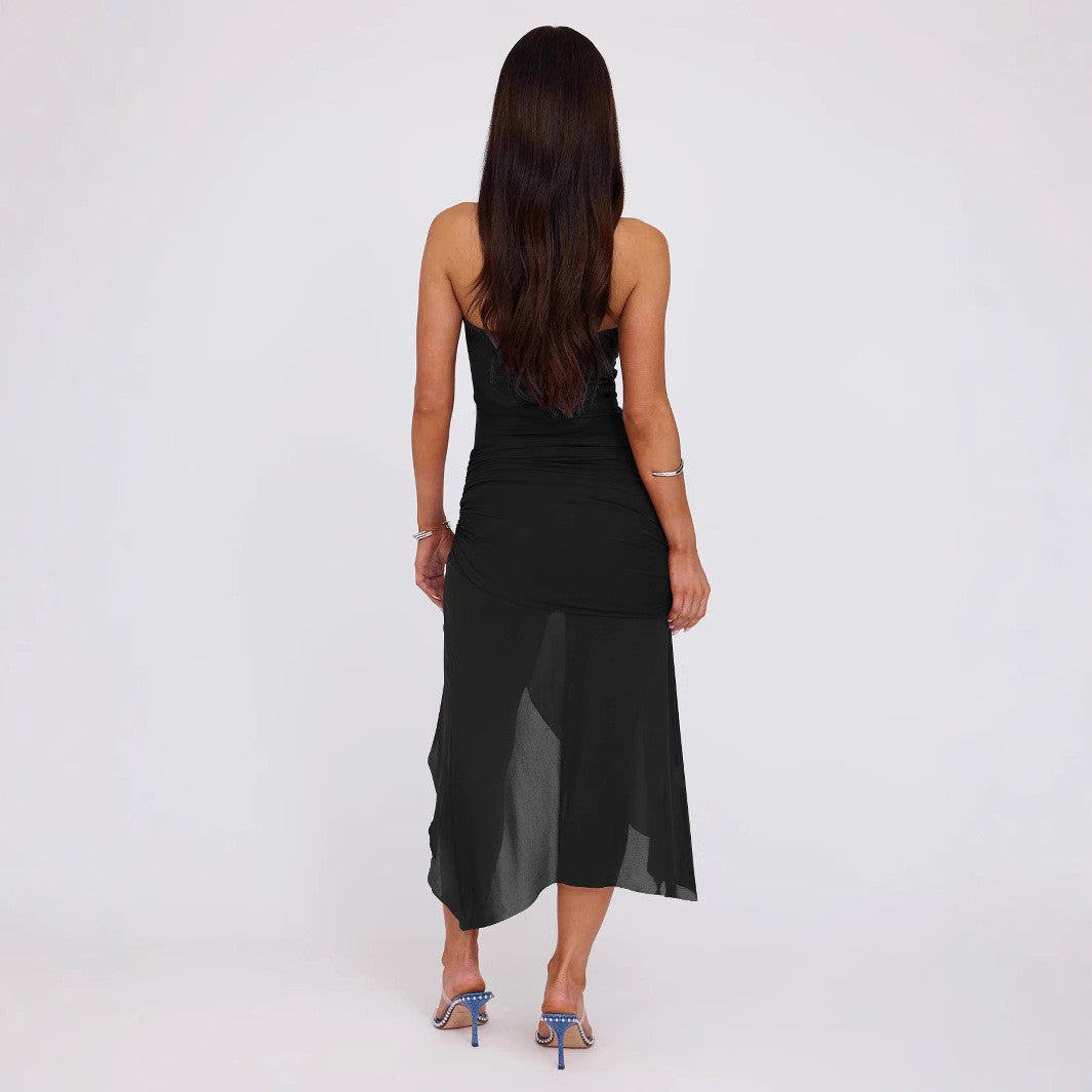 Women Clothing Summer Wind Sexy Tube Top Backless Slim Fitting Patchwork Mesh Irregular Asymmetric Dress by Ragazza