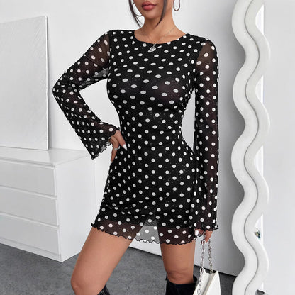 Elegant Mesh Polka Dot Printed round Neck Backless Long Sleeves Dress by Ragazza