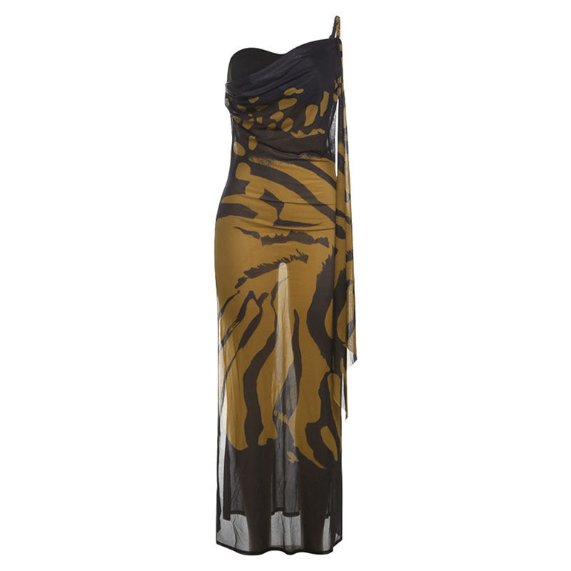 Summer Women Clothing Retro Sexy Mesh Slim Fit Backless Slit Printing Dress by Ragazza