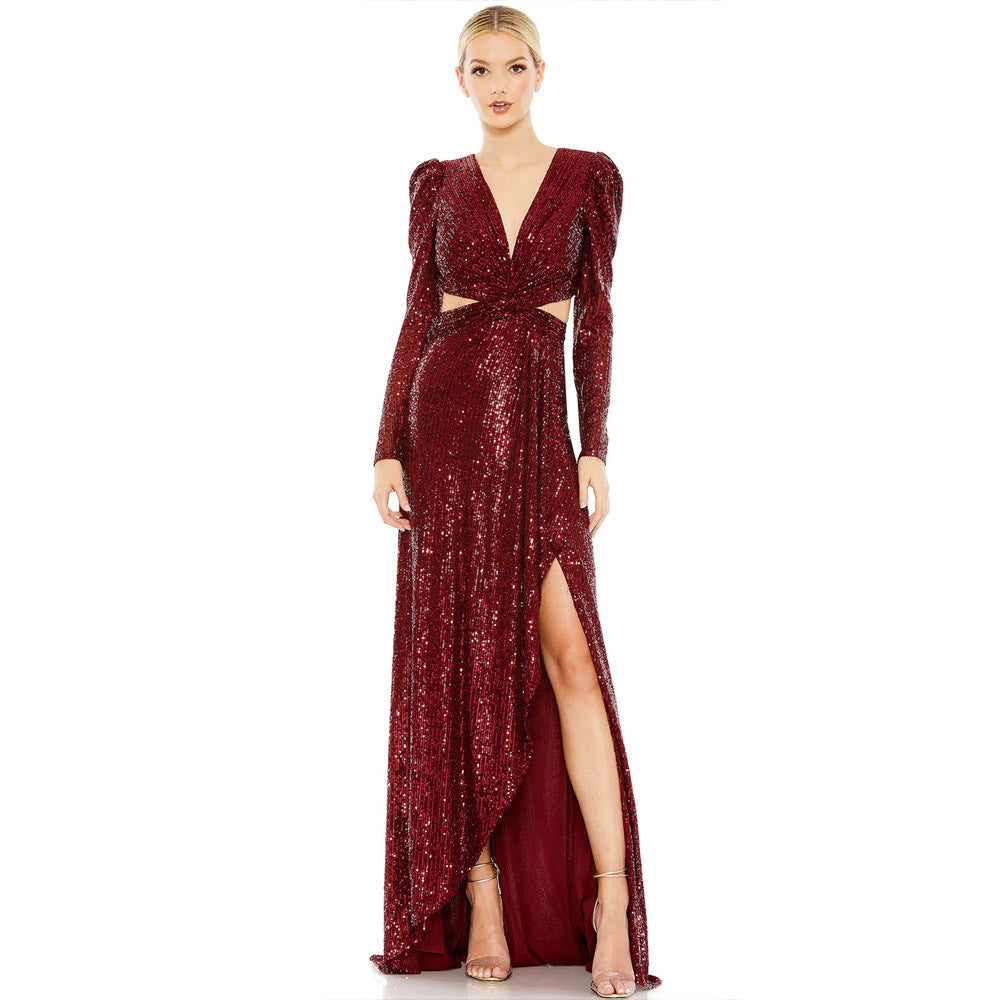 Solid Color Sequ Lace up V neck Half Sleeves Sheath Ladies Cocktail Evening Dress by Ragazza