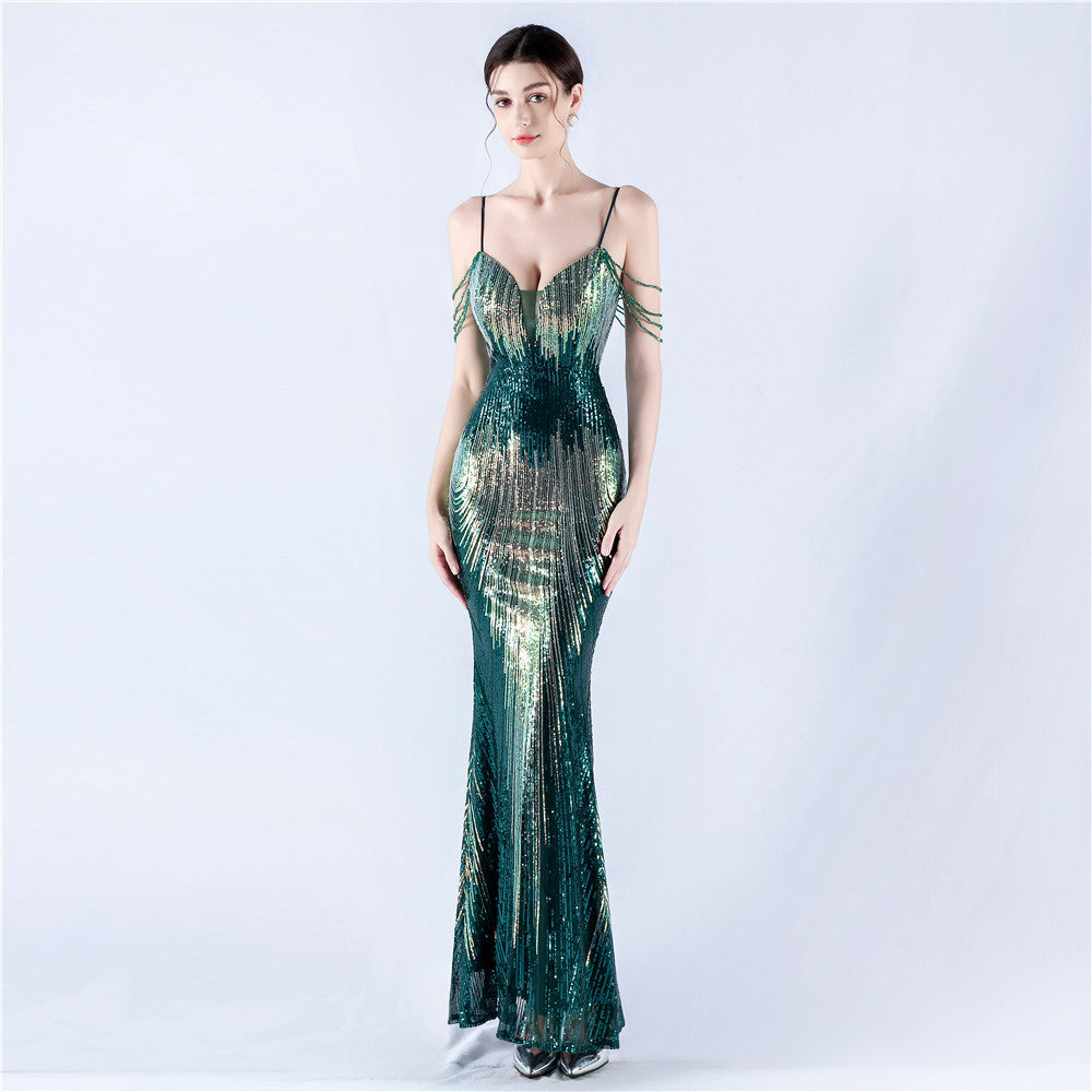 Dress Positioning Floral Sequin Craft Beaded Strap Evening Dress by Ragazza