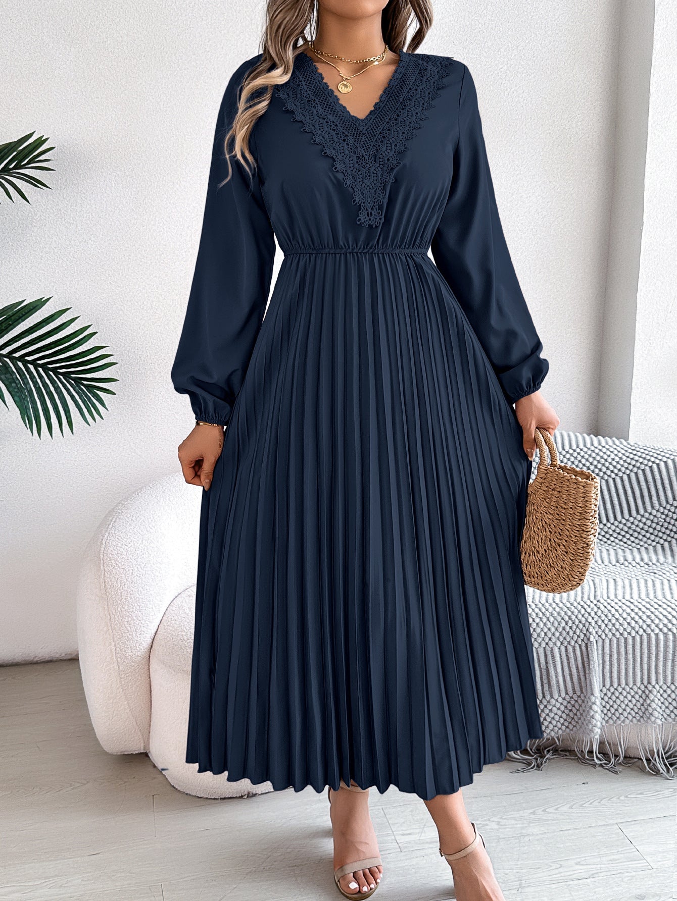 Spring Summer Elegant V neck Lace Cinched Pleated Maxi Dress Women Clothing by Ragazza