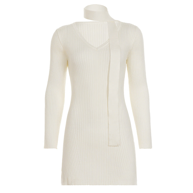 Elegance V neck Scarf Long Sleeve Woolen Dress Women Slim Fit Slimming Swing Dress by Ragazza