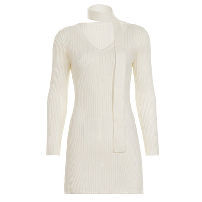 Elegance V neck Scarf Long Sleeve Woolen Dress Women Slim Fit Slimming Swing Dress by Ragazza