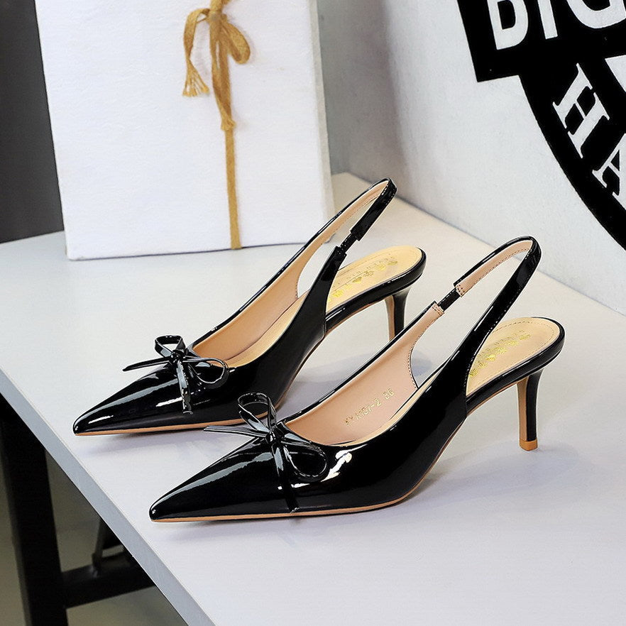 Bowknot Decorative Pointed Shallow Mouth Patent Leather Rear Empty Back Strap Stiletto Sandals  DestGlow