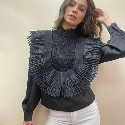 Sweet Design Blouse Women Winter Pleated Hollow Out Cutout out Sequin High Grade Long Sleeved Shirt by Ragazza
