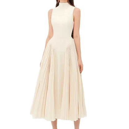 Summer Stand Collar Elegant Slightly Mature Dress Design Pleated Patchwork Waist Slimming Slimming Dress Long Dress by Ragazza