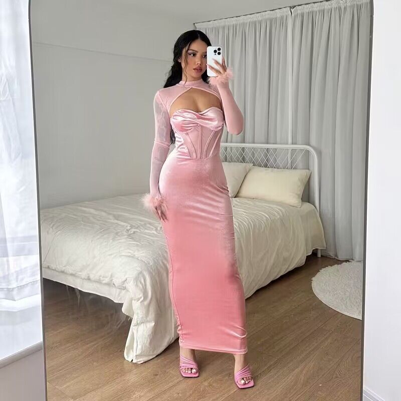 Fall Women Clothing Plush Mesh Stitching Night Club Hollow Out Cutout Dress Slim Fit Dress by Ragazza