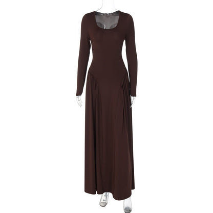 Women Autumn French U Shaped Collar Solid Color Long Sleeve Tied Waist Slimming Dress by Ragazza