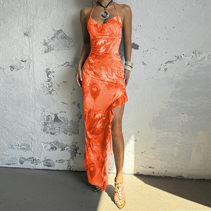 Pocket Collar Print Holiday Dress Spring Summer Sleeveless Split Maxi Dress by Ragazza