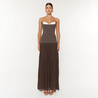 Fall Women Clothing French off Shoulder Ruffled White Coffee Color Matching Pleated Tube Top Dress by Ragazza