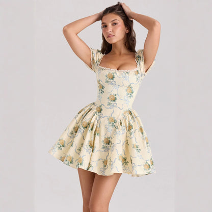 Summer Square Collar Slim Fit Printed Mesh Lace Puff Sleeve Waist Dress Women  DestGlow