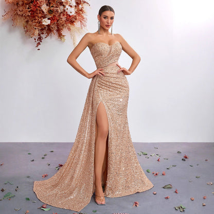 Light Luxury Sequ Tube Top Sexy High Waist Slit Fishtail Evening Dress Cocktail High Grade Socialite Dress by Ragazza