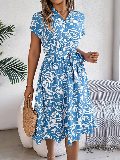 Spring Summer Casual V neck Buttons Batwing Sleeve Floral Swing Dress Women Clothing by Ragazza