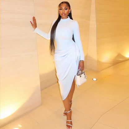 Solid Color Elegant Women Pleated Trendy Hip Dress Tight Waist round Neck Long Sleeve Asymmetric Dress by Ragazza