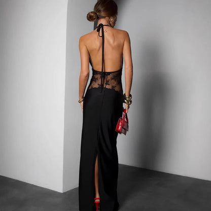 Summer Elegant Black Sexy Backless Lace Stitching Halter Sleeveless Dress for Women by Ragazza