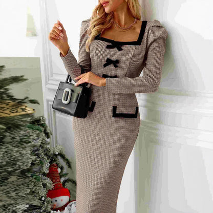 French Dress High Grade Long Sleeve Sexy Tight Hip Belt Plaid Stretch Knitted Dress by Ragazza