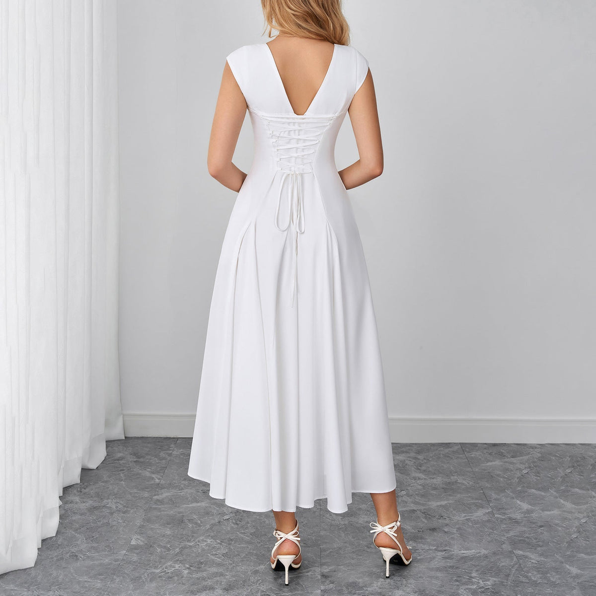 Elegant Stretch Strap Dress Sexy Backless Waist Trimming Lace up Long Dress  DestGlow