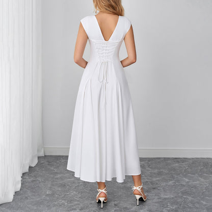 Elegant Stretch Strap Dress Sexy Backless Waist Trimming Lace up Long Dress  DestGlow