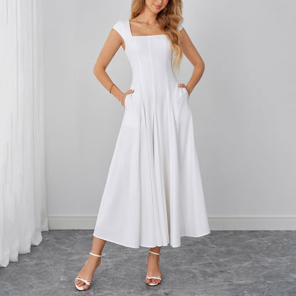 Elegant Stretch Strap Dress Sexy Backless Waist Trimming Lace up Long Dress  DestGlow