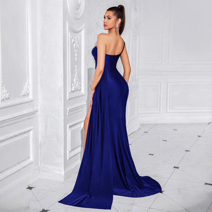 One Shoulder Diagonal Collar Slim Dress Sexy Slit Ribbon Long Party Evening Dress by Ragazza