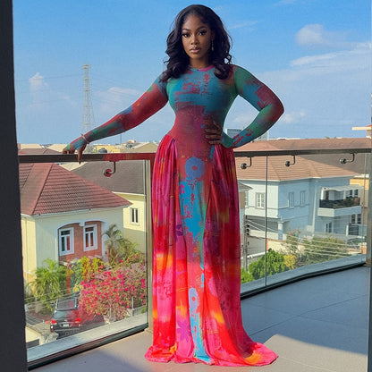 Women Clothing Vintage Crumpled Printed Patchwork Waist Slimming A line Dress round Neck Home Long Sleeve Dress by Ragazza