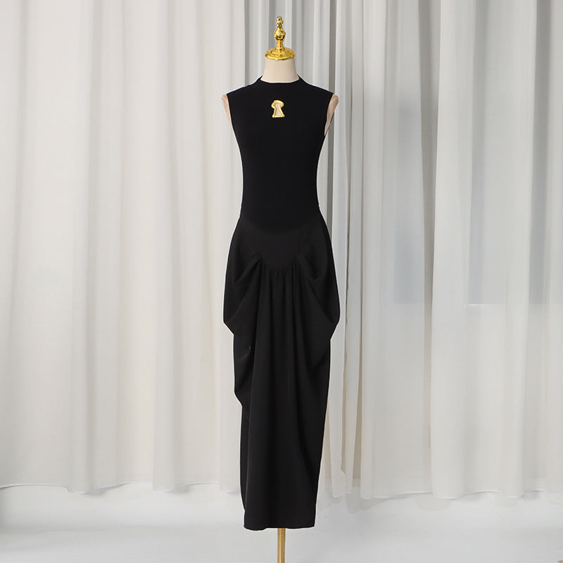 Elegant Elegant Dress Stand Collar Sleeveless Hollow Out Cutout Metal Decorative Twist Pinch Pleated Maxi Dress  DestGlow
