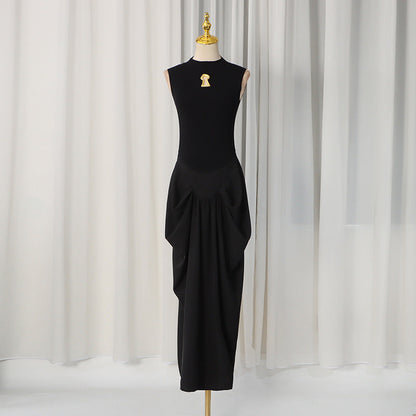 Elegant Elegant Dress Stand Collar Sleeveless Hollow Out Cutout Metal Decorative Twist Pinch Pleated Maxi Dress  DestGlow
