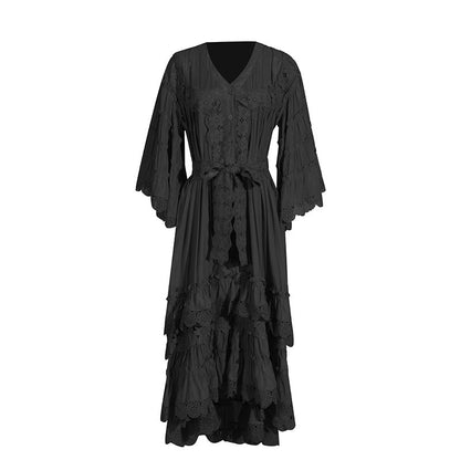 Bohemian Irregular Asymmetric Maxi Dress V neck Bell Sleeve Machine Embroidery Tied Dress Women Summer by Ragazza