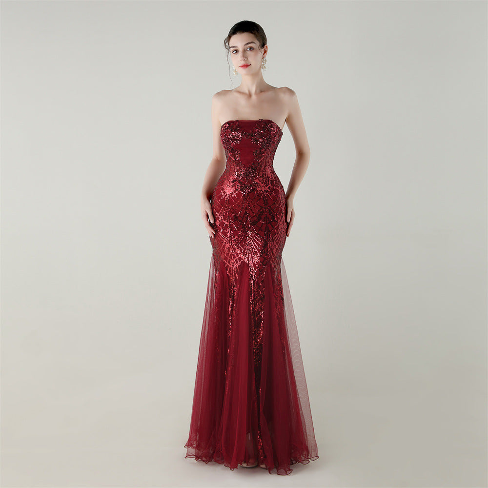 Tube Top Cross Strap Beaded Tube Floral Sequin Mesh Evening Dress Cocktail Wedding Social Elegant Clothing by Ragazza