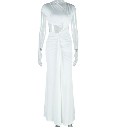 Women Clothing Solid Color Dress Diagonal Collar Sleeveless Ribbon Fishtail Dress by Ragazza