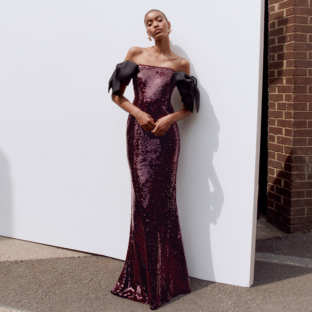 Coffee Color Colorful Sequin Long Evening Dress off Shoulder Black Bow Cocktail Fishtail Dress by Ragazza