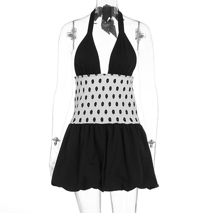 Summer Women Sexy Polka Dot Self Tie Deep V Plunge neck Backless Slim Dress