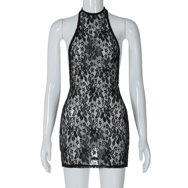 Sexy Lace Large Backless Sheath Slim Nightclub Essential Halter Dress by Ragazza