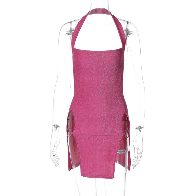 Sexy Sexy Short Dress Spring Summer Women Clothing Halter Split Bright Silk Sheath Dress by Ragazza