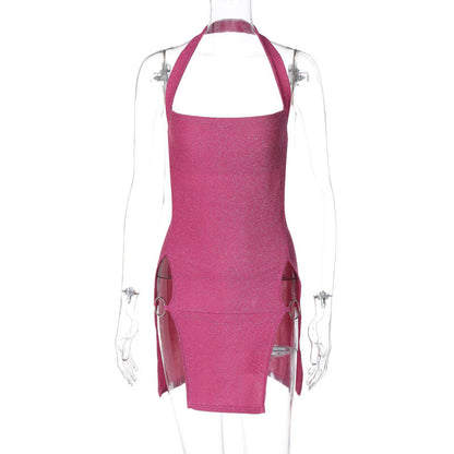 Sexy Sexy Short Dress Spring Summer Women Clothing Halter Split Bright Silk Sheath Dress by Ragazza