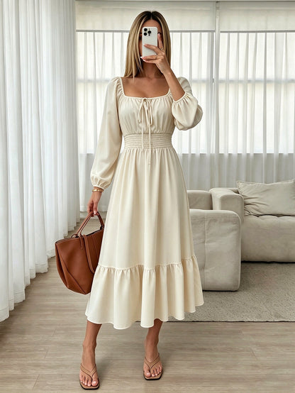 Square Collar Long Sleeve Dress Women Puff Sleeve Lace up Waist Controlled Slimming Ruffled Maxi Dress  DestGlow