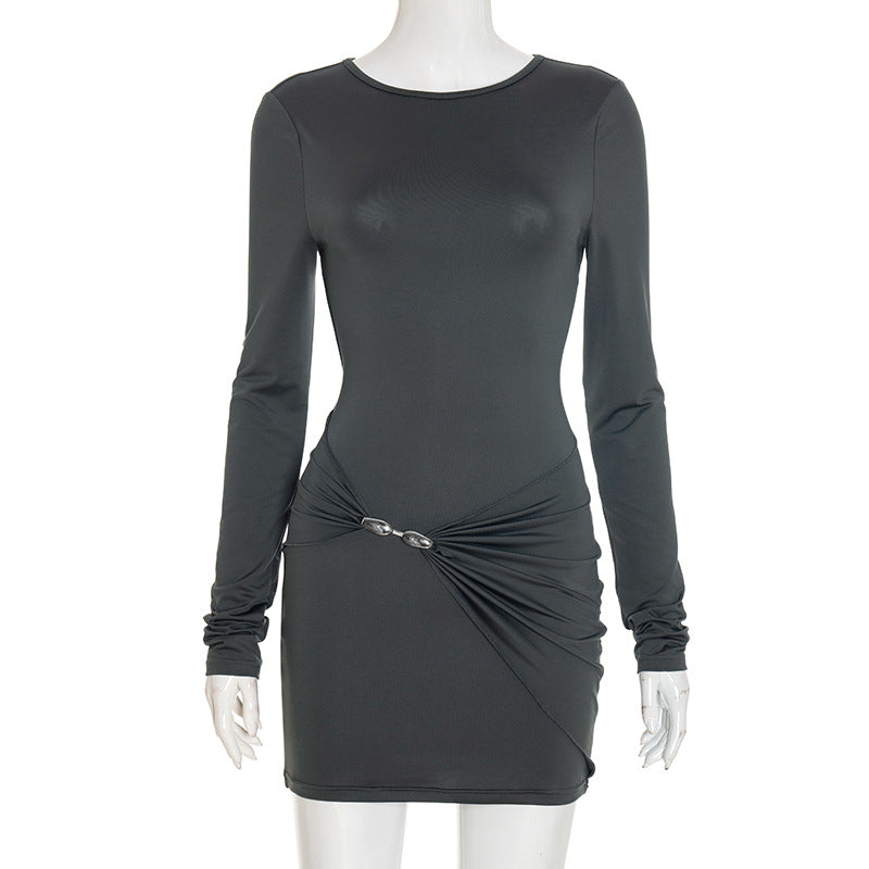 Women Autumn Winter Simple Graceful Slim Sheath Fitted Waist Solid Color Short Dress by Ragazza