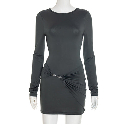 Women Autumn Winter Simple Graceful Slim Sheath Fitted Waist Solid Color Short Dress by Ragazza