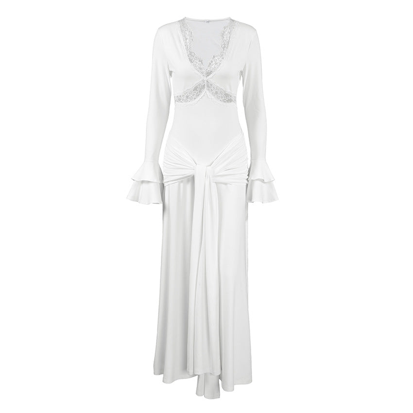 Spring Women Elegant Dress Elegant Design Sexy Lace Stitching Slim Fit Maxi Dress by Ragazza
