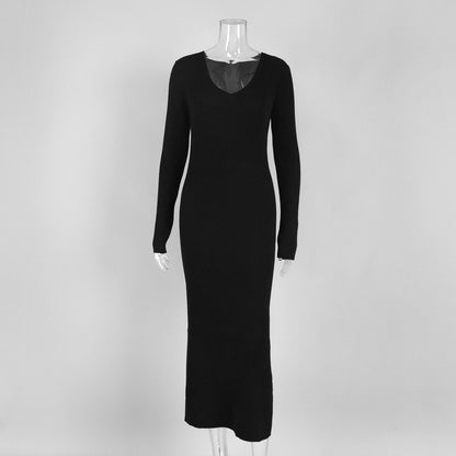 Solid Color Long Sleeve Dress Women Autumn Winter Elegant V neck Slim Hip Knitwear Dress by Ragazza