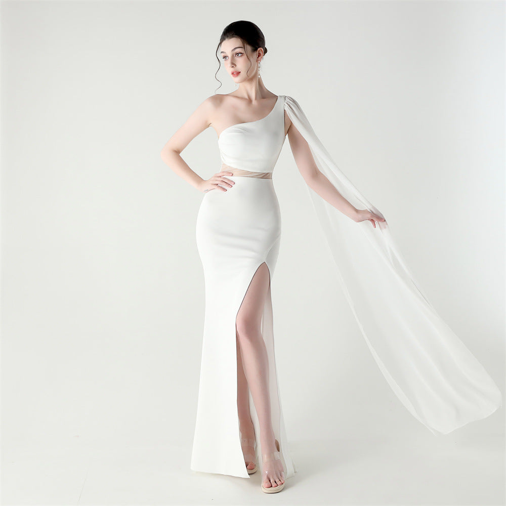 Single Shoulder Crossbody Stitching Mesh Design Satin Slim Cocktail Dress Evening Dress by Ragazza