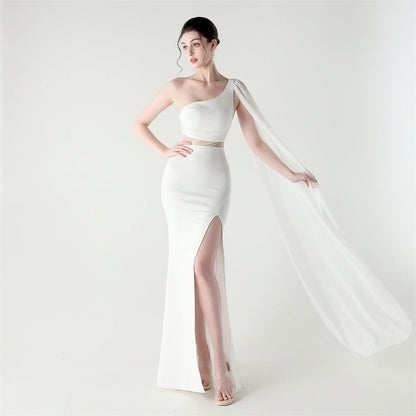 Single Shoulder Crossbody Stitching Mesh Design Satin Slim Cocktail Dress Evening Dress by Ragazza