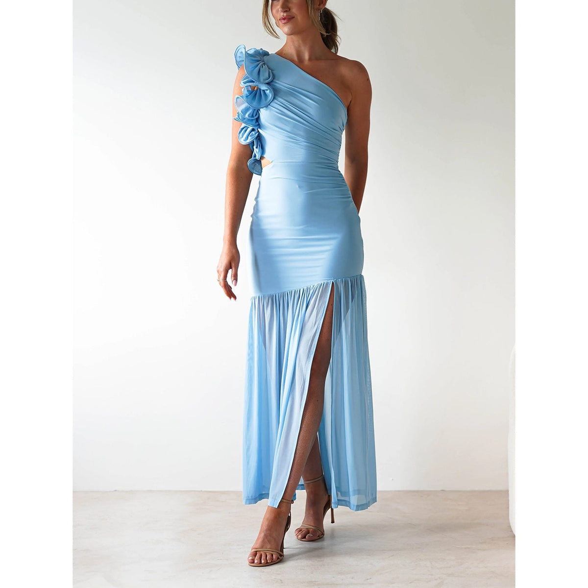 Autumn Winter Hollow Out Cutout out One Shoulder Ruffled Mesh Dress  DestGlow