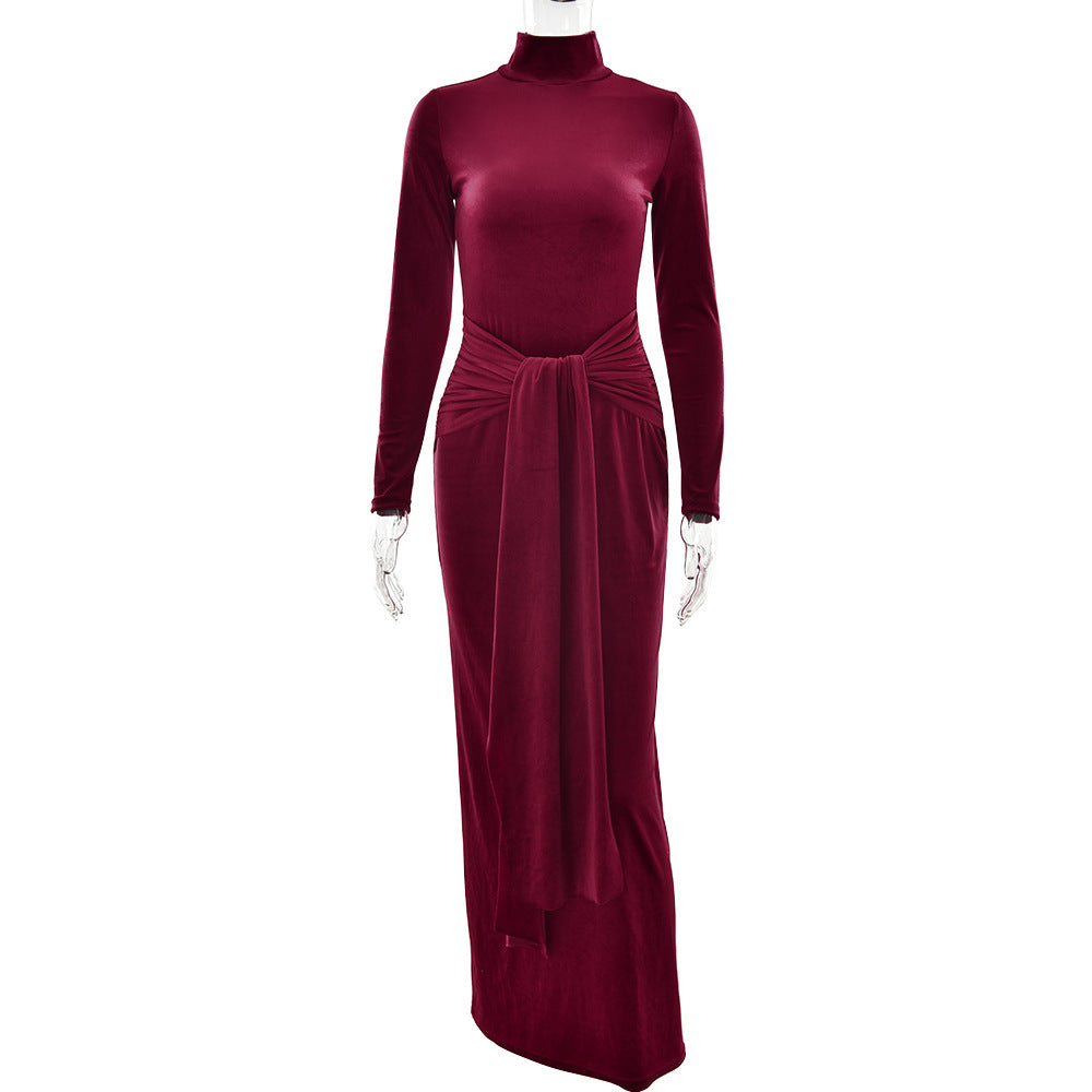 Autumn Winter Sexy Women Clothing Dress Half High Collar Long Sleeves Solid Color Maxi Dress Lace up Pleated Dress by Ragazza