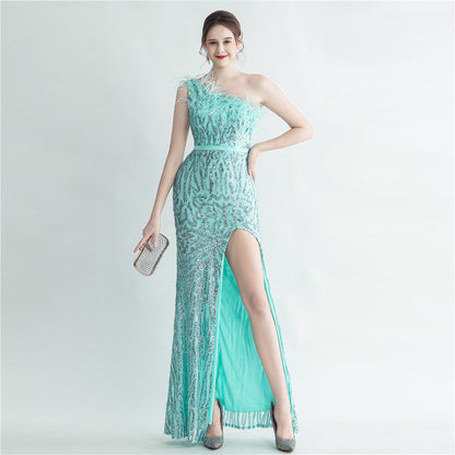 Heavy Industry Ostrich Hair Craft Bundle Hair Oblique Shoulder Side Slit High End Evening Dress by Ragazza