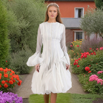 Spring Ruffles Design Waist Tight Slimming Flared Sleeves Dress Women by Ragazza